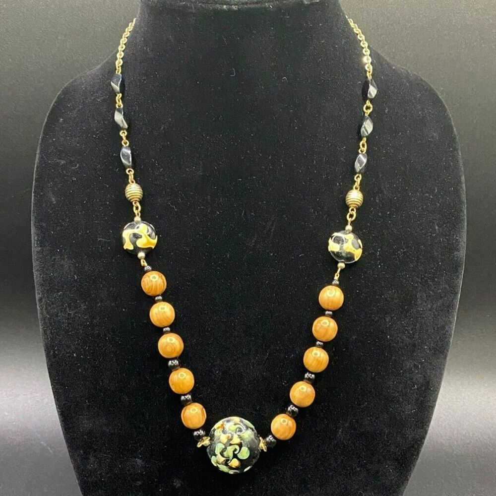 Vintage Wood & Glass Bead Necklace Gold Tone Chain Boho Earthy Jewelry